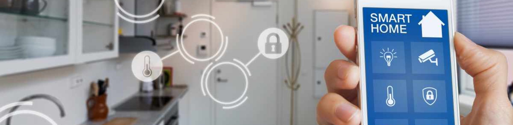 Smart home technology interface on smartphone app screen with augmented reality (AR) view of internet of things (IOT) connected objects in the apartment interior, person holding device